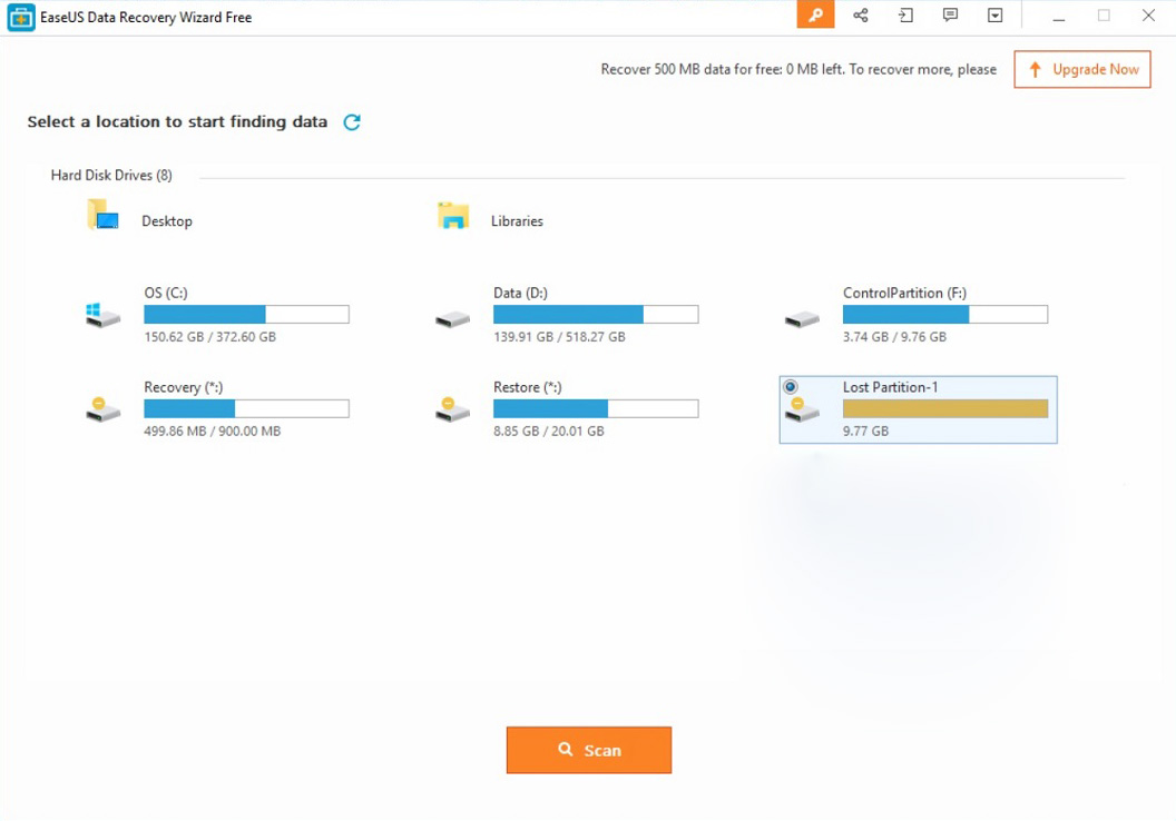 EaseUs Data Recovery Wizard Pick a Location to Recover