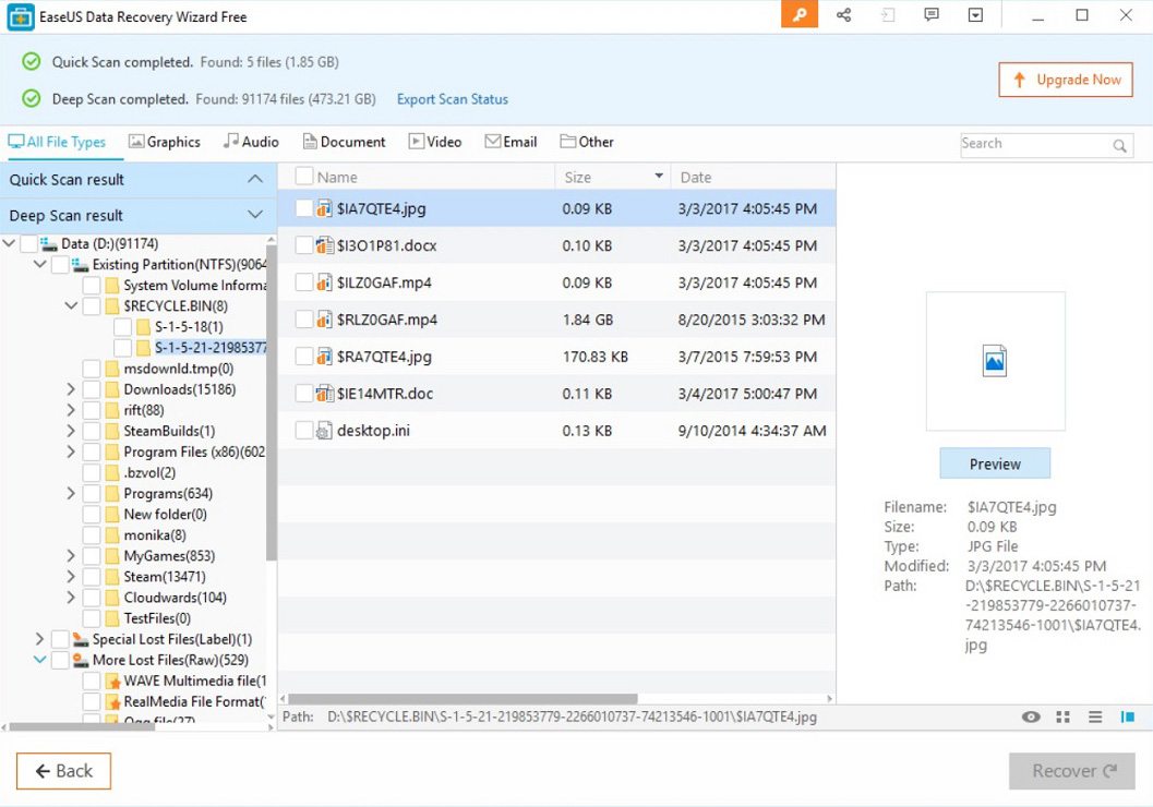 EaseUs Data Recovery Wizard Scan Results