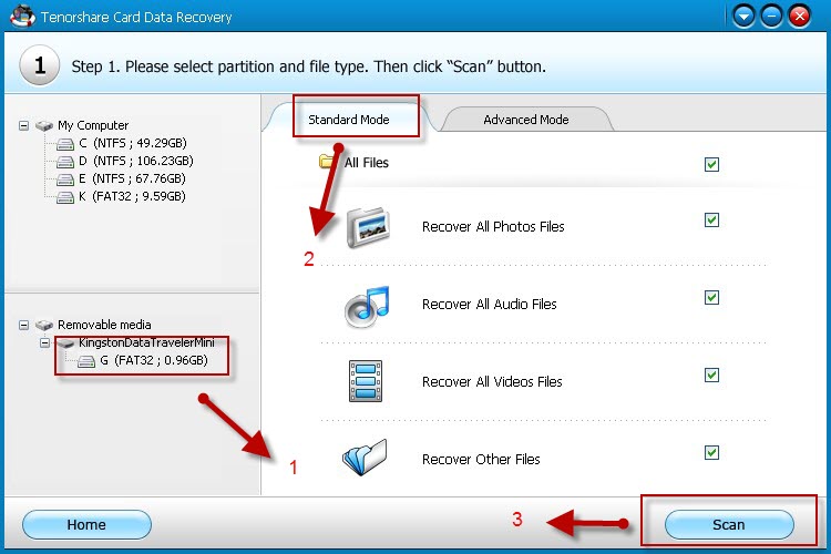 Tenorshare Card Data Recovery Select Drive and Data Recovery Mode