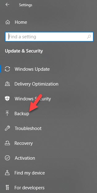 Backup in Update Settigns Windows 10