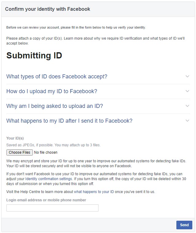 Facebook Confirm Identity Page