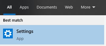 Settings in Windows 10 Menu