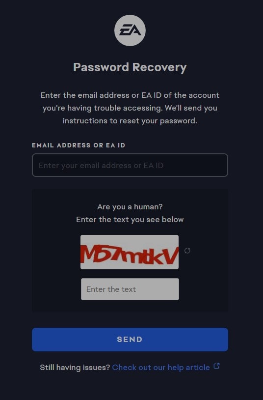 EA Reset Password Page