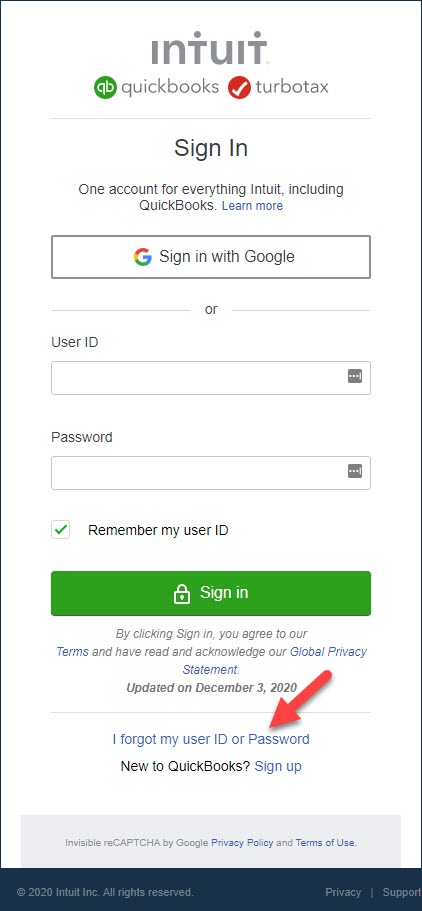 Forgot Quickbooks user ID or Password