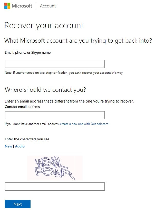 Skype Account Recovery Form