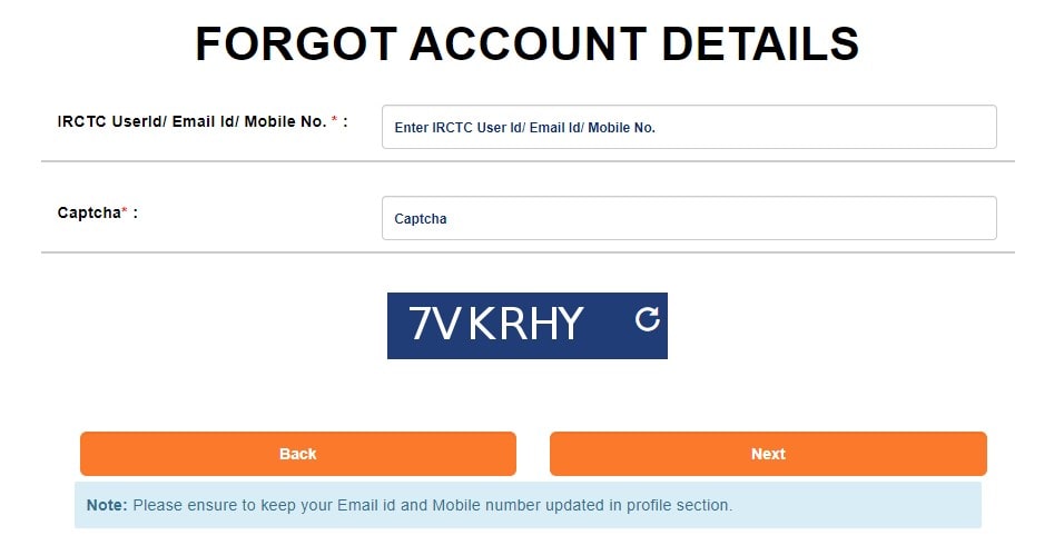 IRCTC Forgot Account Details