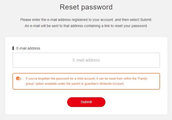 Nintendo Reset Password Page