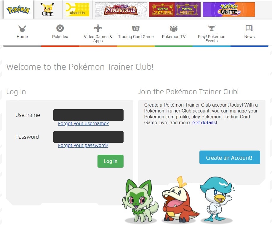 Pokemon Trainer Club Login Page