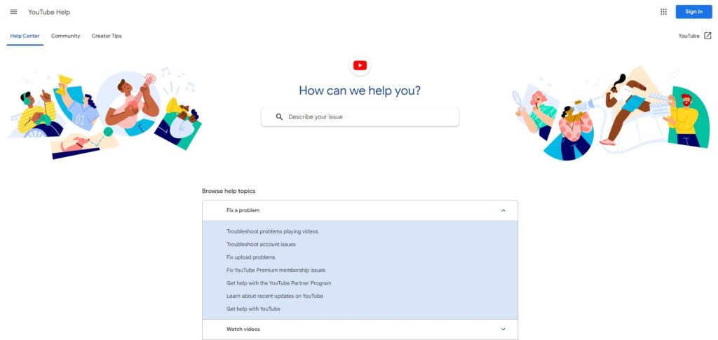 YouTube Help Page