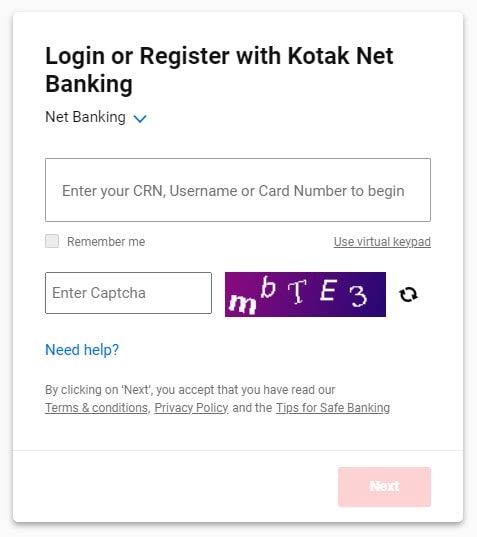 Kotak 811 Net Banking Page