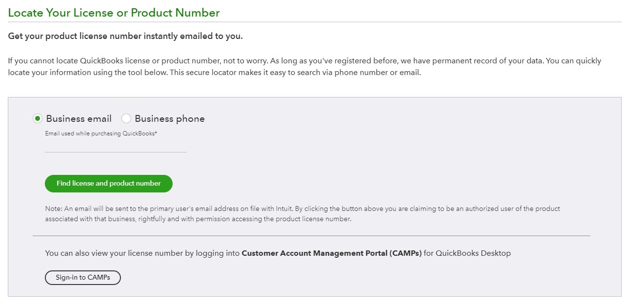 QuickBooks License Finder Page