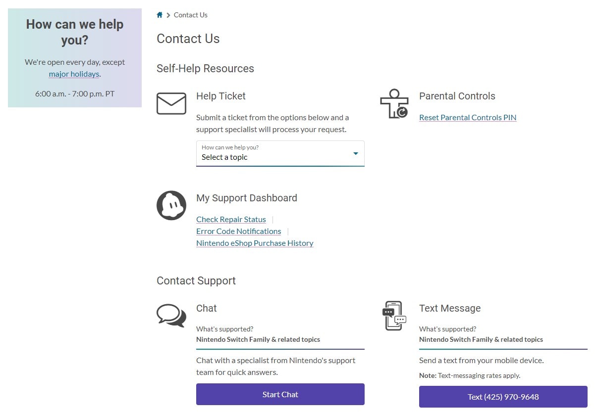 Nintendo Contact Us Page