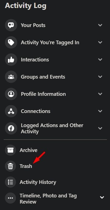 Facebook Activity Log Sidebar