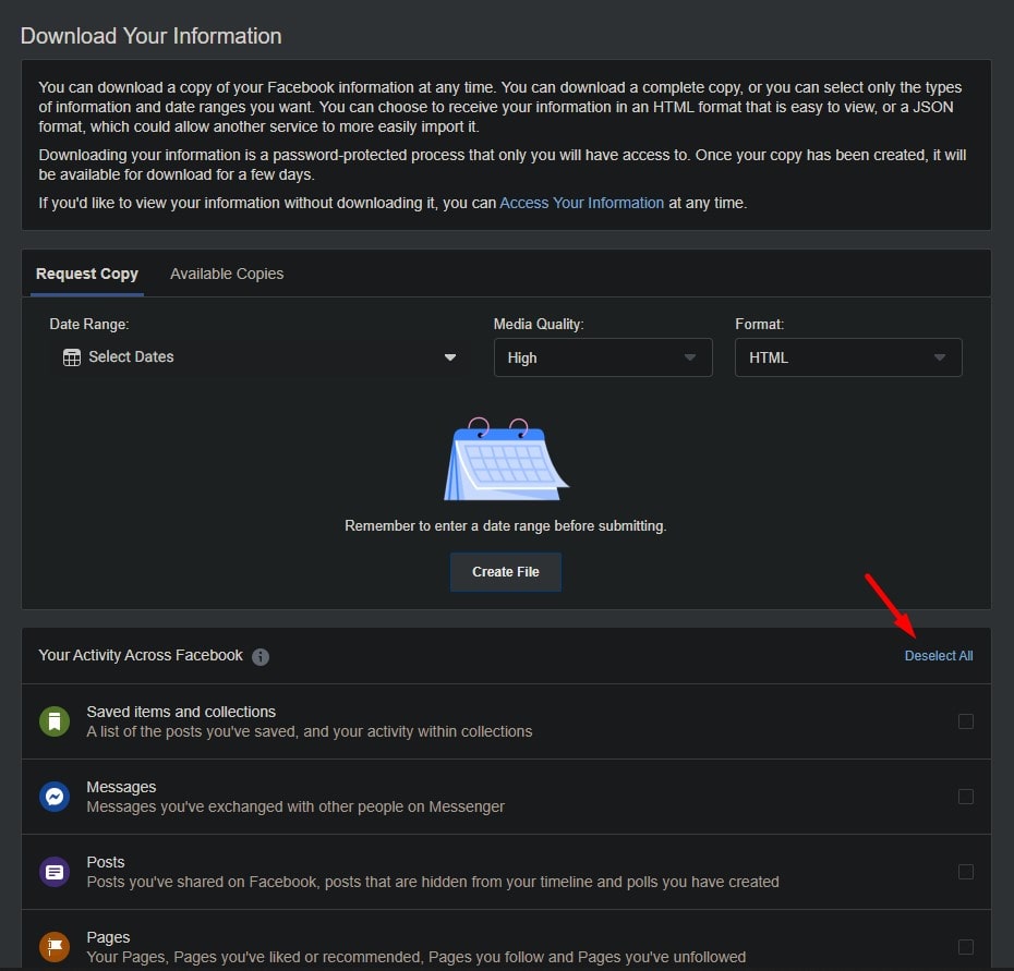 Facebook Download Your Information