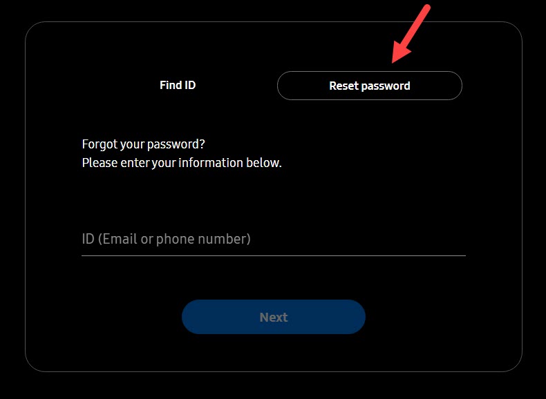 Reset Password Column on Samsung Sign in Page