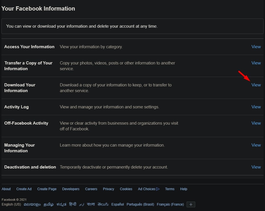 Your Facebook Information Screen